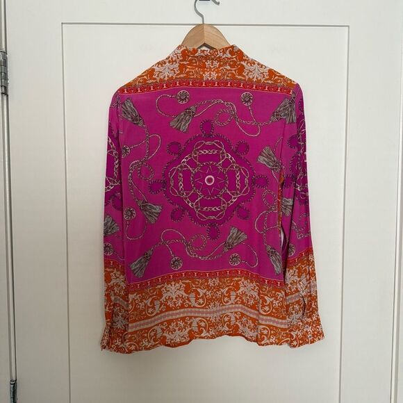 Maeve Anthropologie Potala Blouse Sz 8 Pink Orange Scarf Print Silk Button Up - Picture 6 of 12